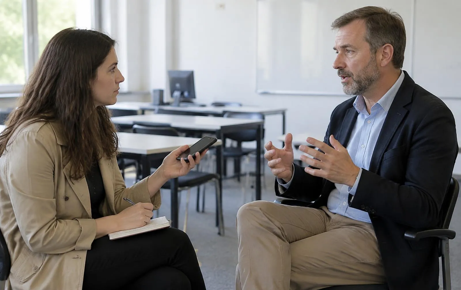 Journalist interviewing a college lecturer in a classroom