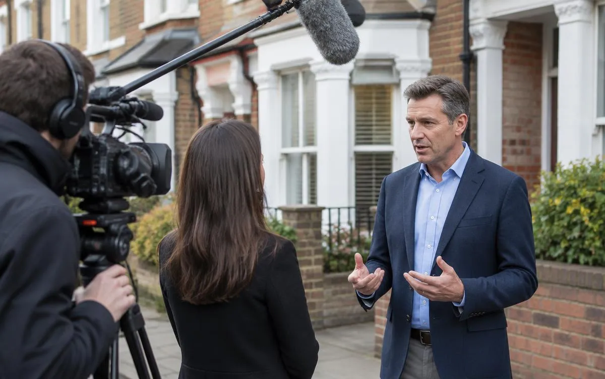 Property expert being interviewed by a TV crew outside a row of houses