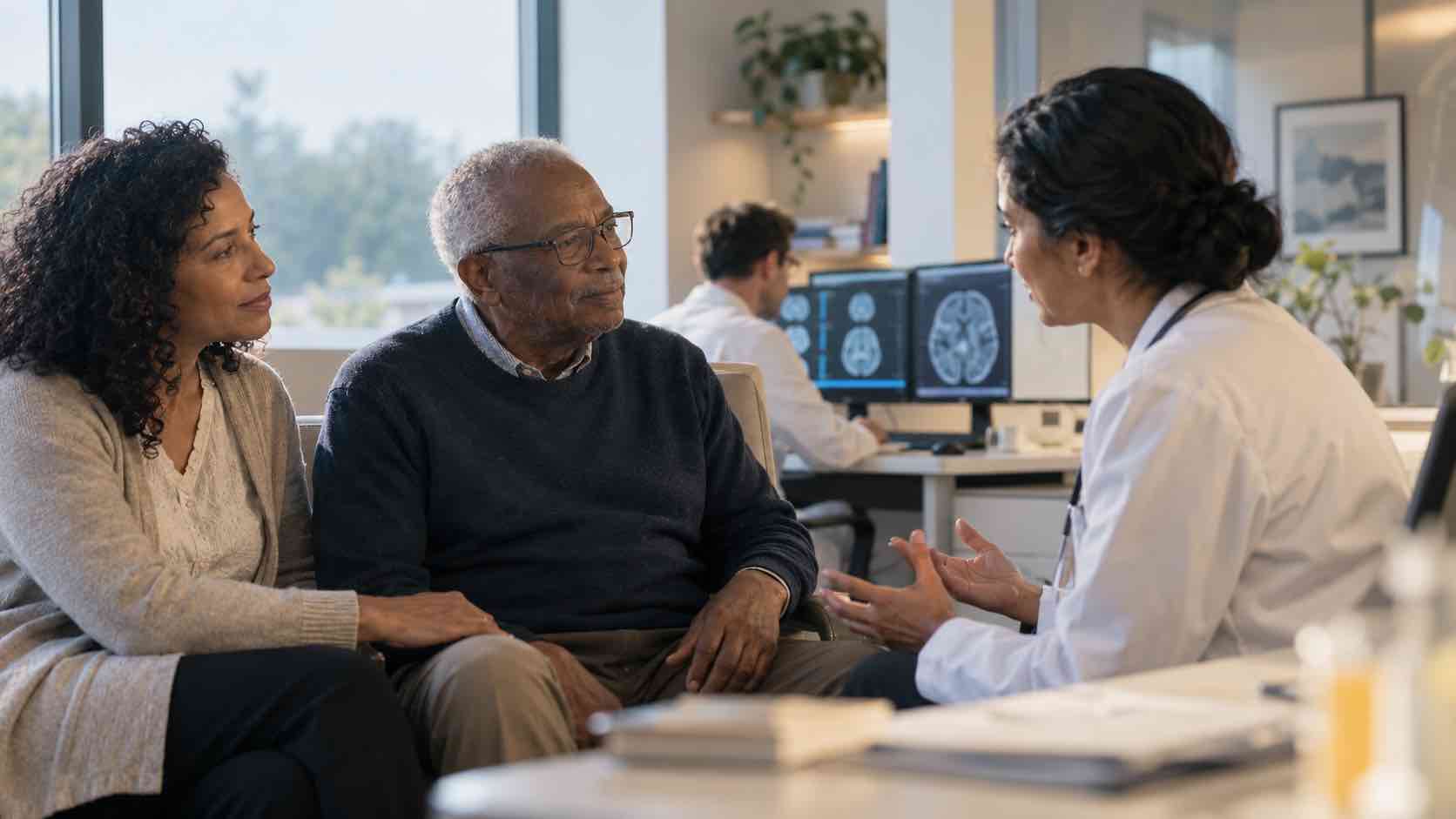 A doctor discussing test results with an older man and his family member in a clinic, with brain scans visible on a monitor behind them