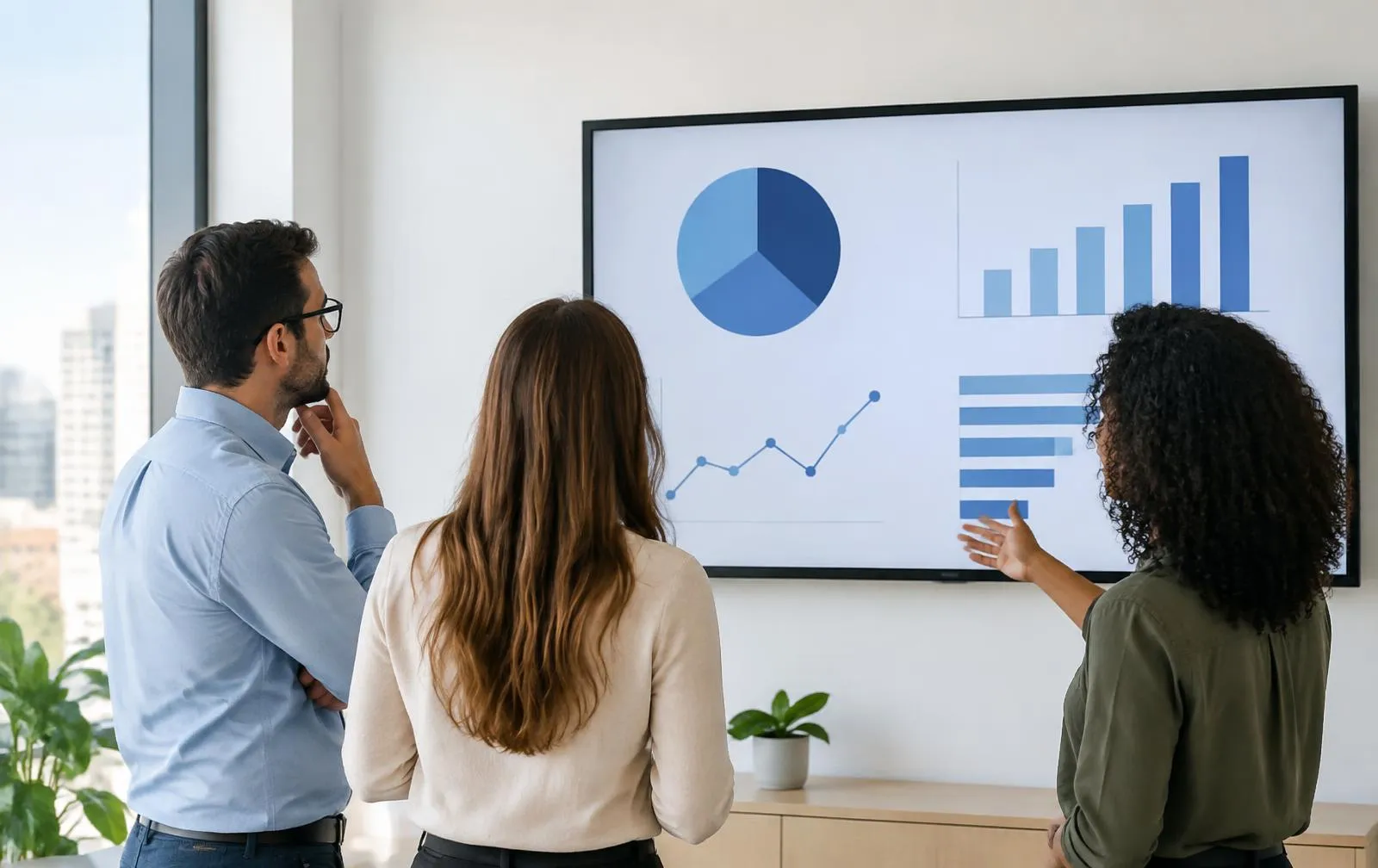 Ecommerce team reviewing sales data on a screen