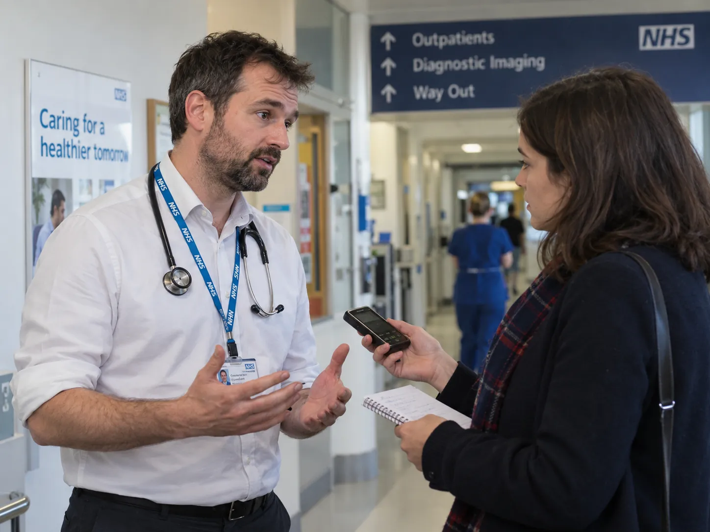 A doctor being interviewed by a journalist in a hospital corridor
