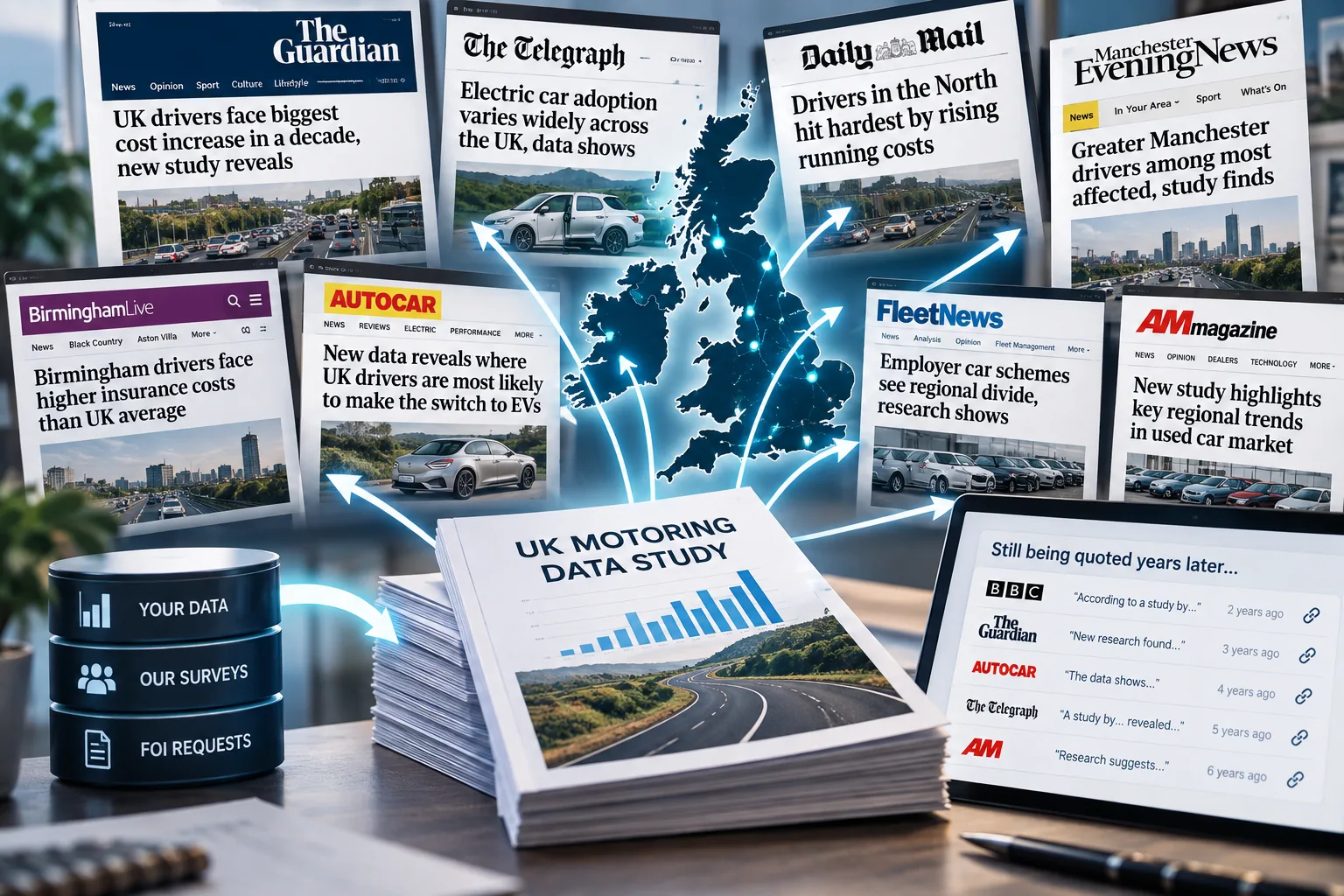 A UK motoring data study built from client data, surveys and Freedom of Information requests, spreading into national, regional and trade coverage and still quoted years later