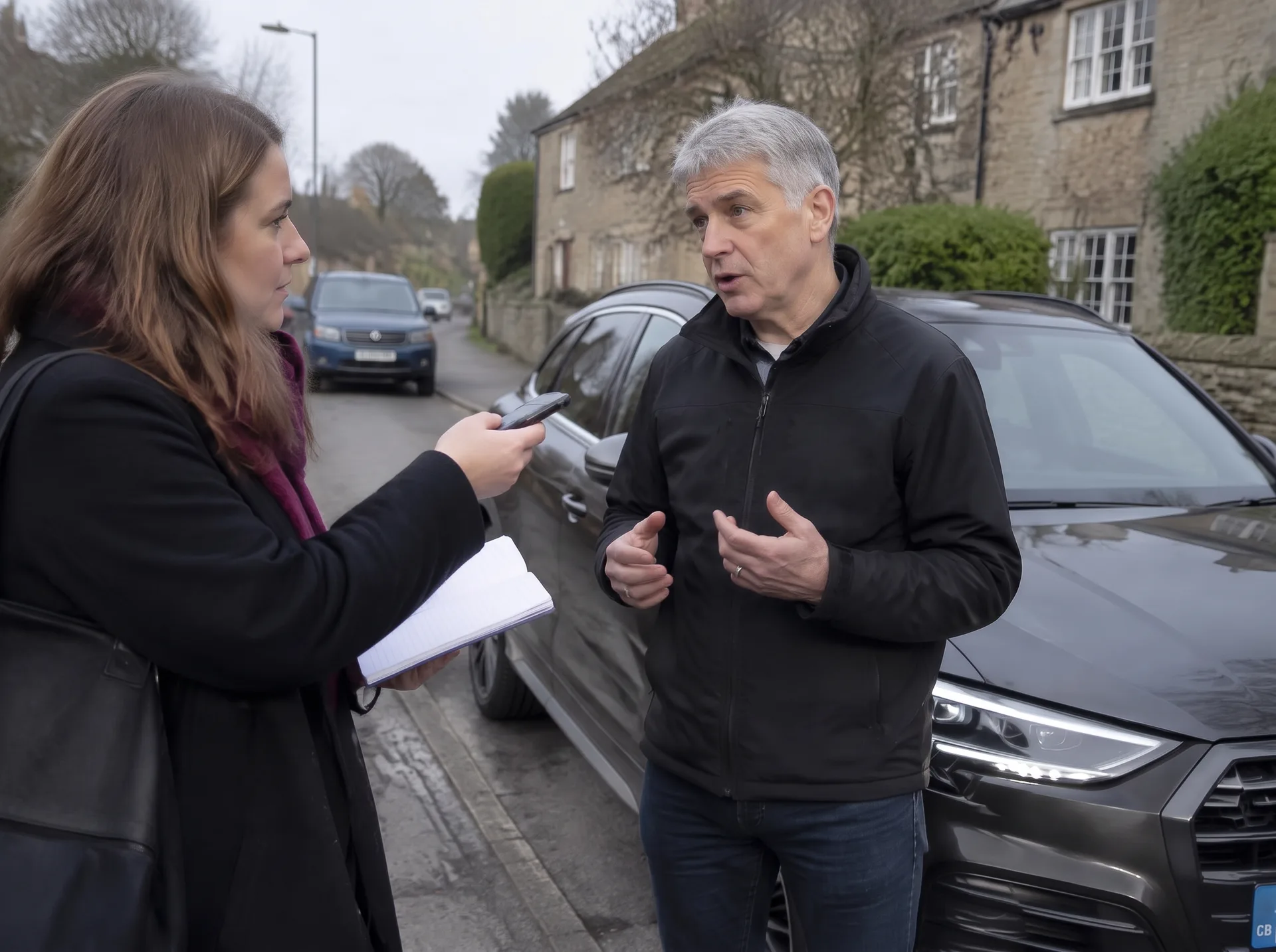 Journalist interviewing a motoring expert beside a car