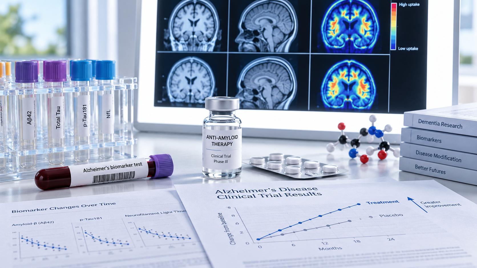 A lab desk with blood sample tubes labelled for Alzheimer's biomarkers, a vial marked anti-amyloid therapy, brain scans on a monitor and printed charts of clinical trial results.