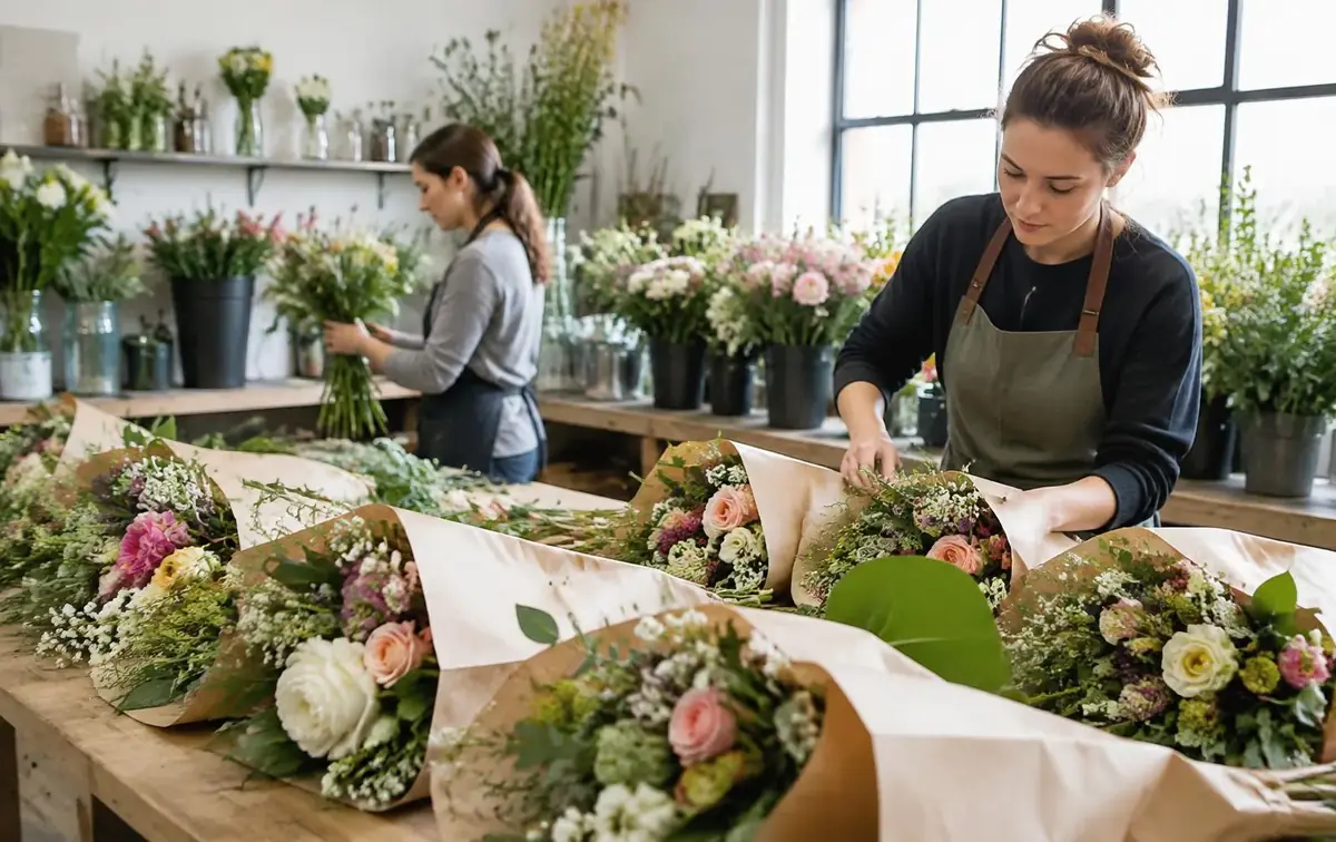 Florists preparing bouquets for a busy delivery day