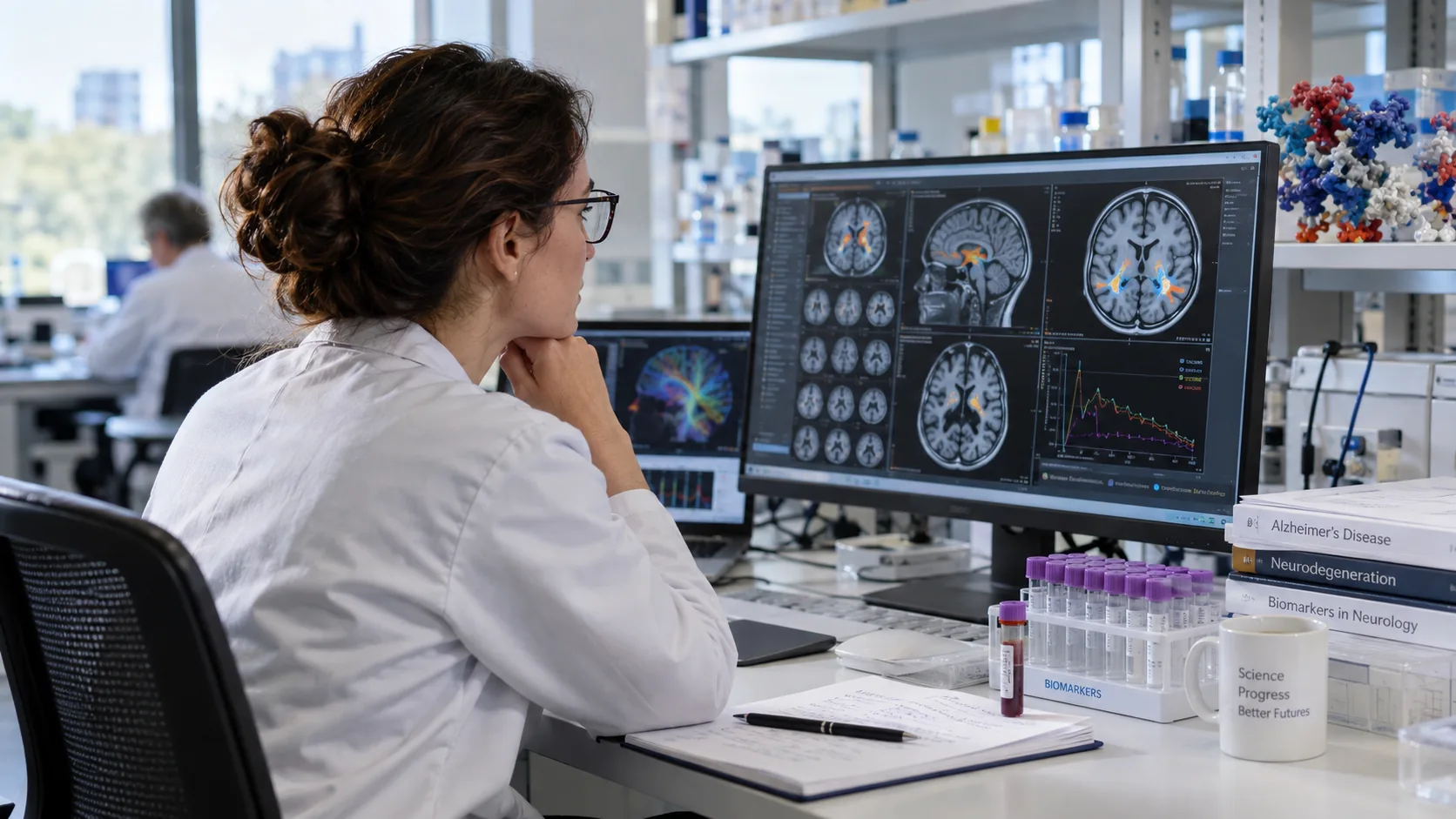 A researcher in a lab coat reviews brain scans and biomarker data on a computer monitor, with a rack of sample tubes and books on Alzheimer's disease and neurology on the desk.