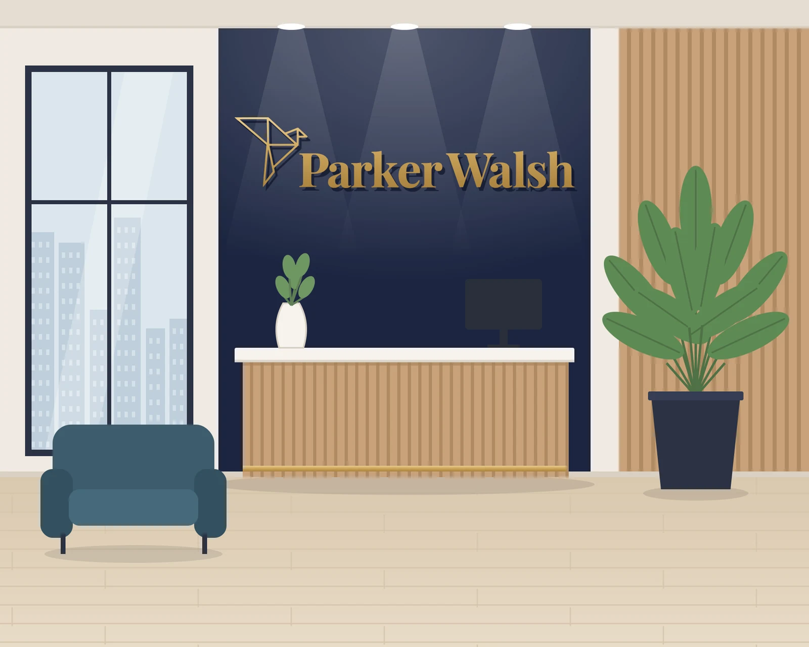 Illustration of the Parker Walsh reception, with the Parker Walsh logo in brass lettering on a navy feature wall above a reception desk.