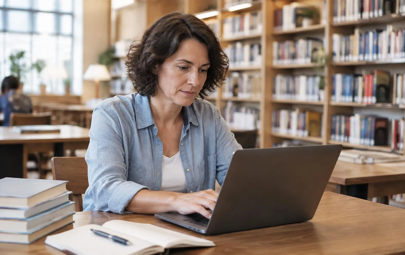 Adult learner studying on a laptop in a college library