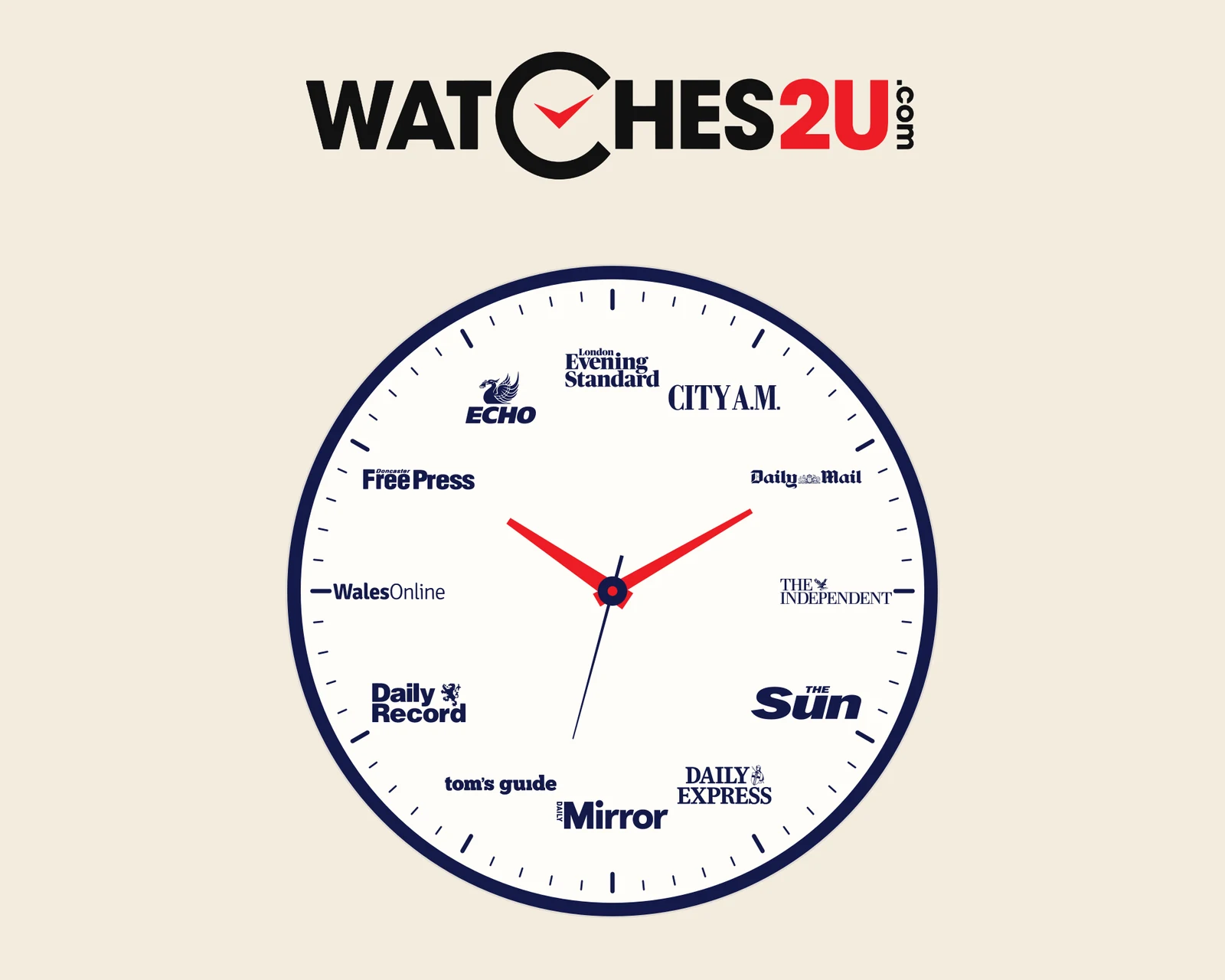 Watches2U logo above a watch face whose hour markers are mastheads of publications that covered the campaign, including the Evening Standard, City A.M., Daily Mail and The Independent.