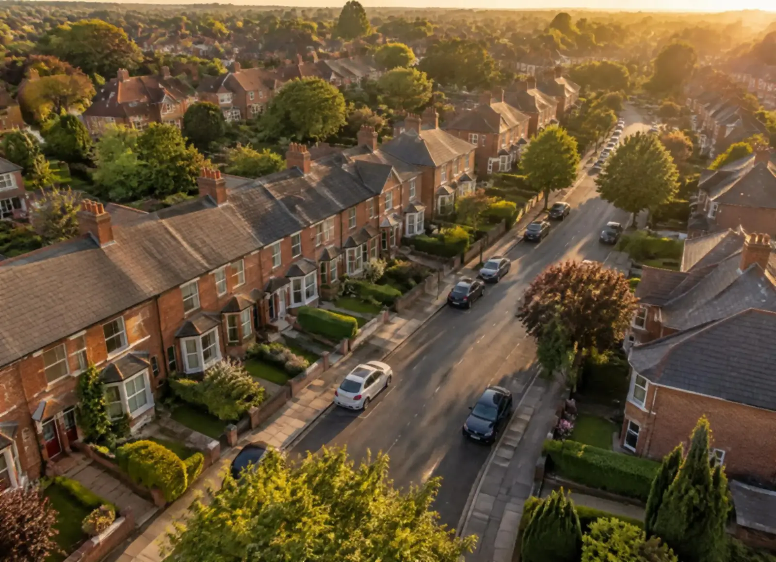 Aerial view of a British residential street at golden hour