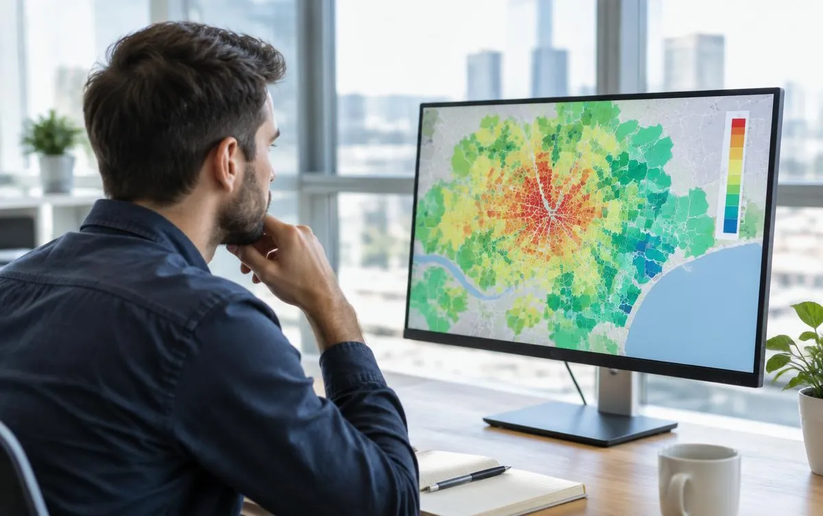 Property analyst reviewing house price data on a screen