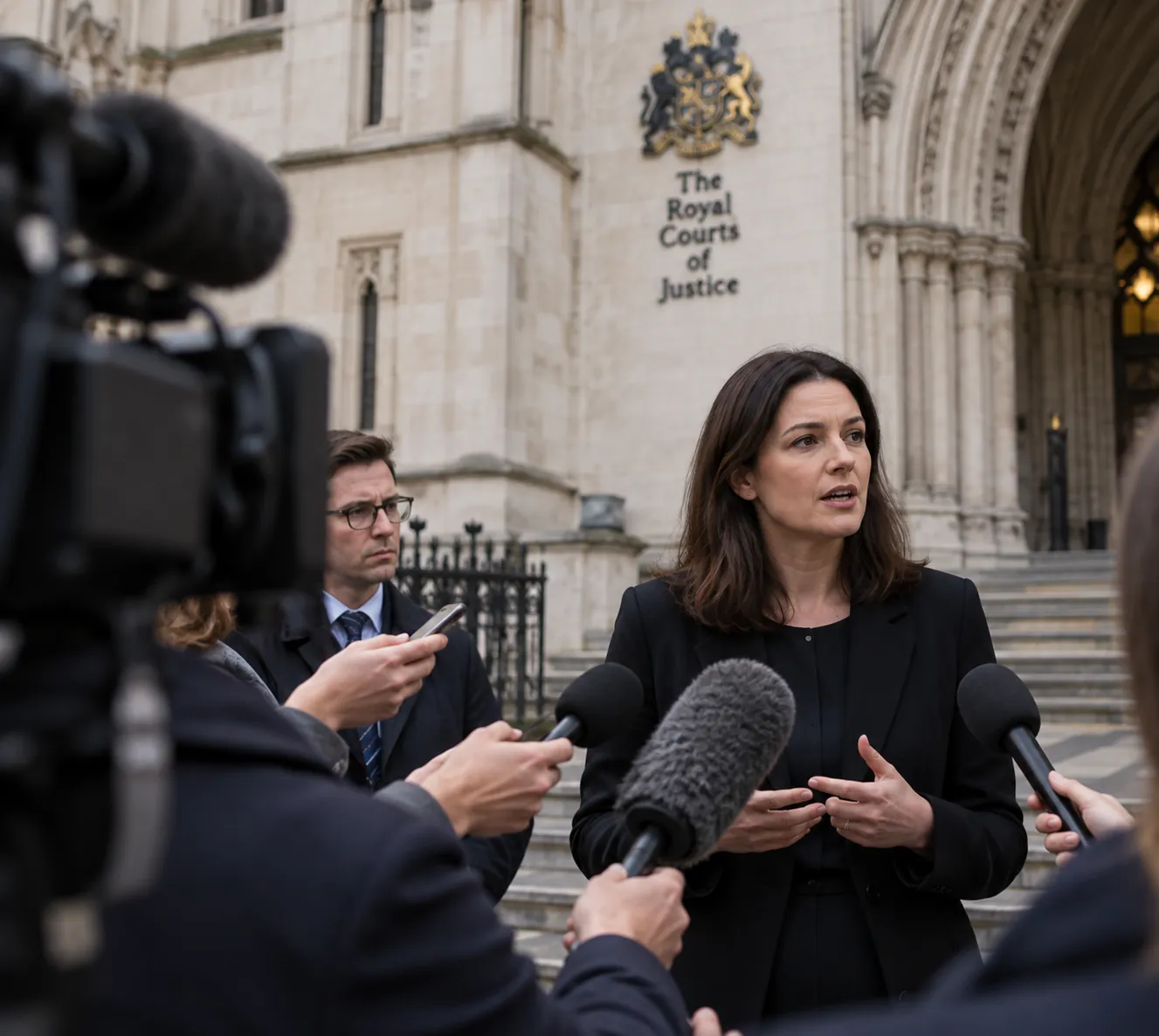 Lawyer speaking to the press outside the Royal Courts of Justice