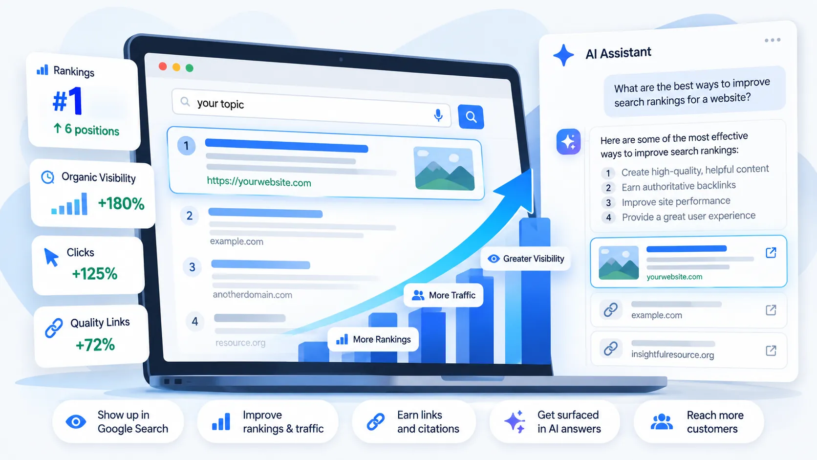 Illustration of a clinic website ranking first in Google search results and being cited by an AI assistant