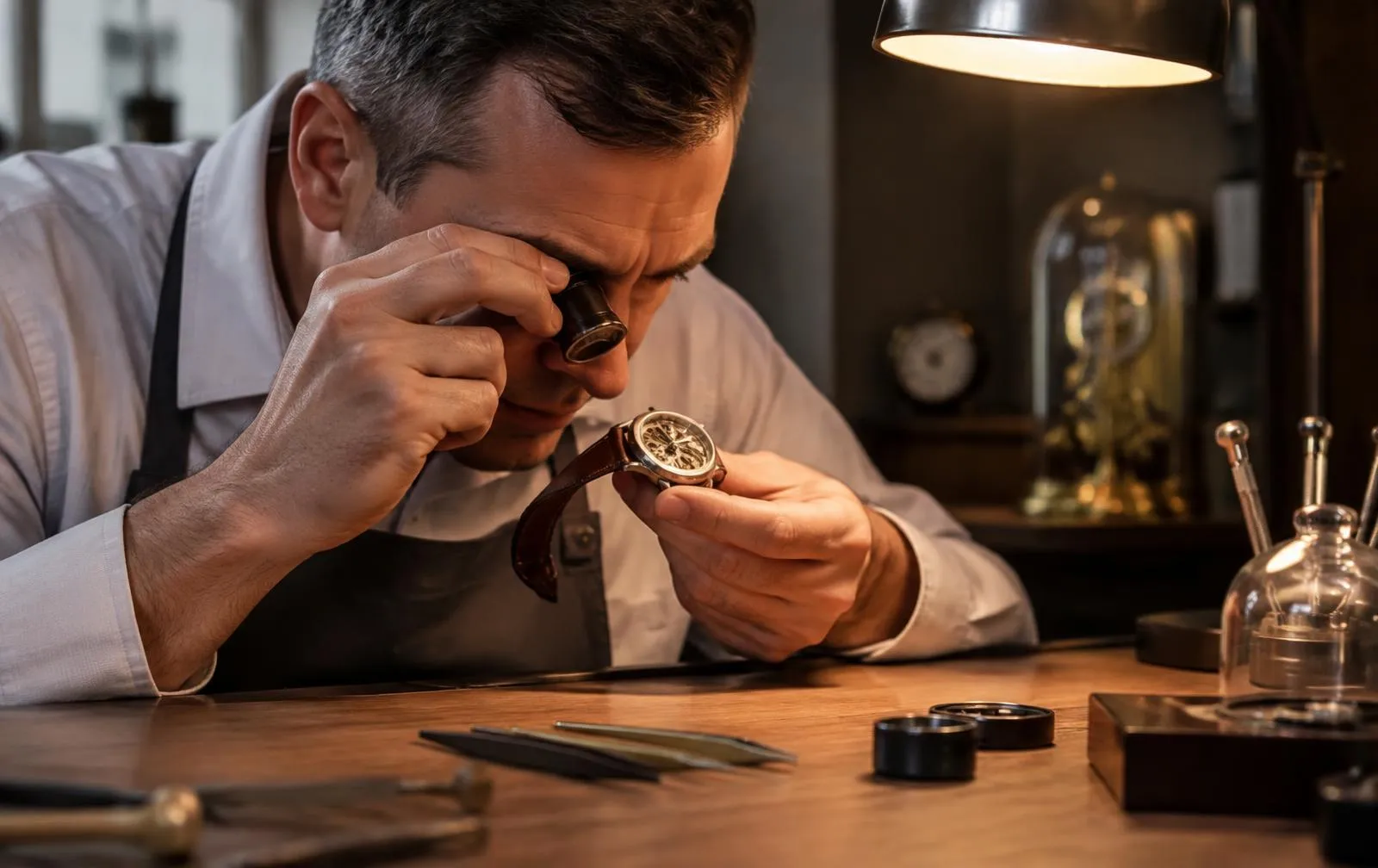 Watchmaker examining a wristwatch at a workbench