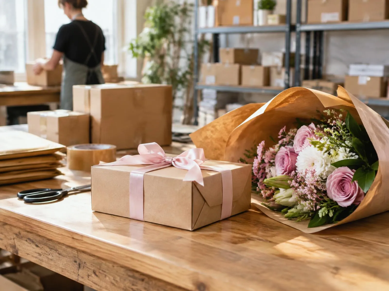 Gift parcels ready for dispatch in an ecommerce warehouse